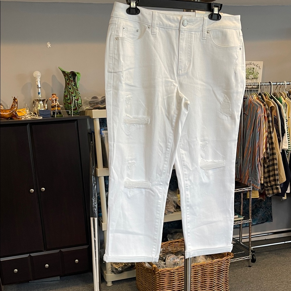 White Distressed Women’s Jeans – Mid Rise Girlfriend Crop, Size 10 – NWT